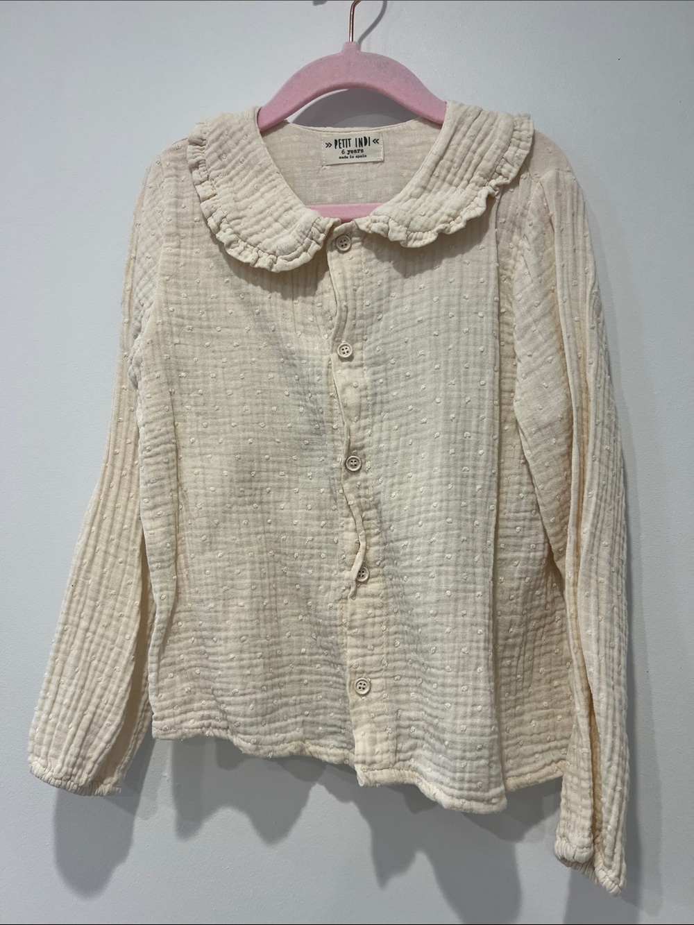 Cream Ruffled Collar Button-Down Top for Kids
